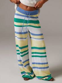 Athîral 秋冬女士撞色条纹印花抽绳腰休闲针织裤 - 彩色 - 查看 2