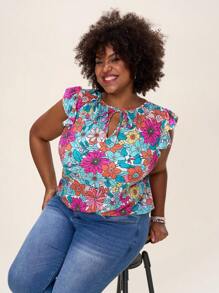 Comfylo Blusa de manga corta con estampado floral colorido de estilo bohemio para mujer de talla grande, ideal para primavera, festivales y estilo "Old Money" - Multicolor - Ver 7