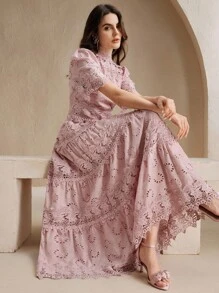 Anewsta Women's Hollow Collar Puff Sleeve Lace Patchwork Cinched Waist Long Dress, Elegant Vacation Style