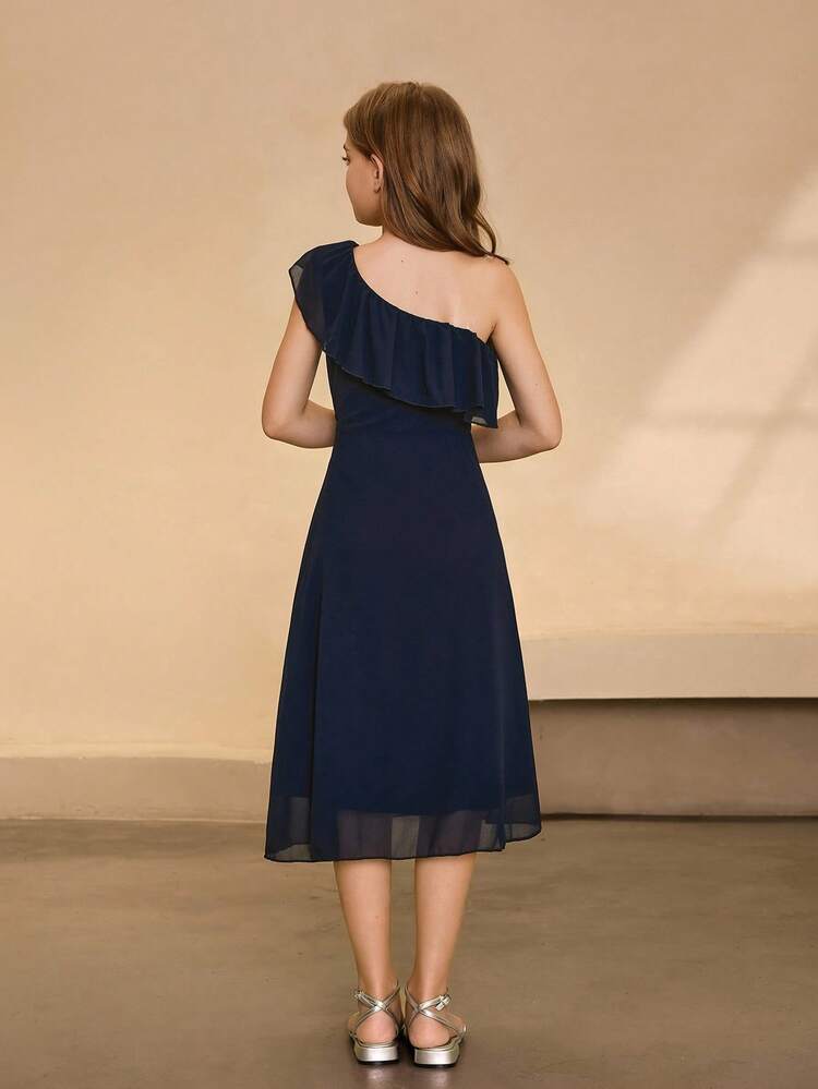 Tween Girls' Lace Chiffon Sleeveless One Shoulder Ruffle Hem Dress, Suitable For Ball, Party, Festival - Navy Blue - View 2