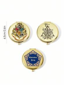 HARRY POTTER X SHEIN 图形圆形金色便携式折叠镜，普通镜子和 2 倍放大镜，高清镜面玻璃，方便检查妆容，适合学生、办公室职员、女性和男性、格兰芬多、拉文克劳、巧克力蛙、死亡圣器 - 金色 - 查看 8