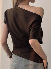 DAZY 女式斜肩褶饰腰休闲T恤学院风上衣 - 棕色 - 查看 4