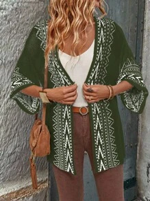 SHEIN LUNE 女士度假复古风格宽松落肩拼接撞色轻薄开衫