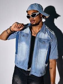 ROMWE MEN Prep Men's Denim Digit Patch Zip Front Casual Washed Top - Blue - View 5