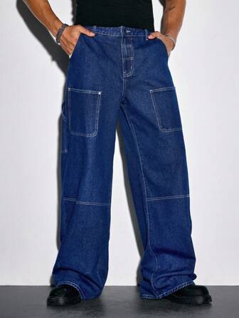 Street Life Men's Casual Streetwear Patchwork Pocket Contrast Stitch Loose Wide-Leg Jeans