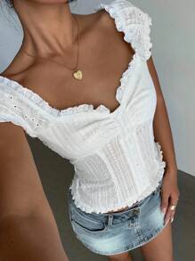 Aloruh 女式 Fairy Grunge 泡泡袖短袖衬衫，复古蕾丝边白色衬衫 - 白色 - 查看 5