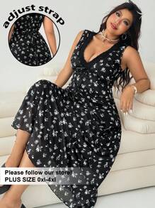 Solflare 大码女式夏季假日黑色网眼碎花印花 V 领蝴蝶结连衣裙 - 黑與白 - 查看 1