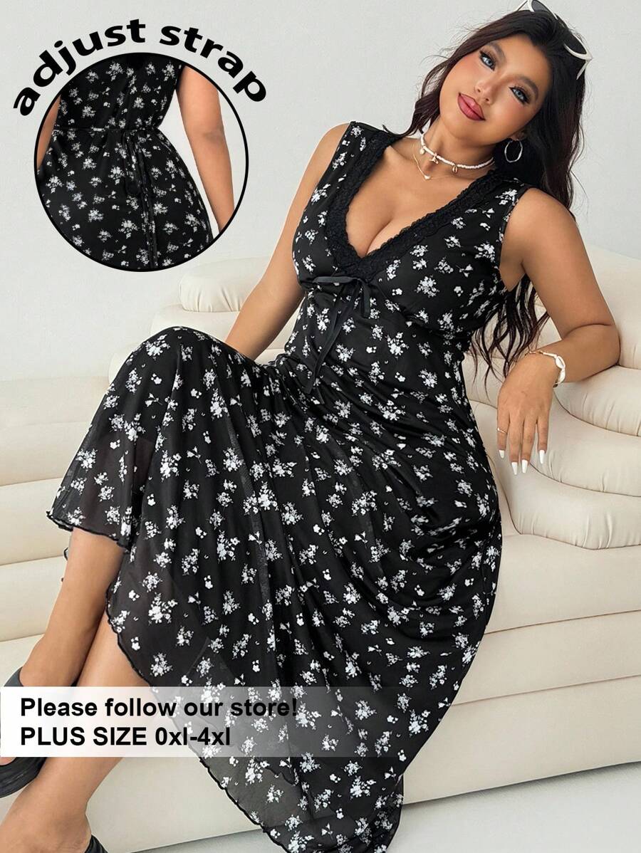 Solflare 大码女式夏季假日黑色网眼碎花印花 V 领蝴蝶结连衣裙 - 黑與白 - 查看 1
