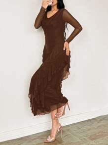 Modelyn Vestido elegante de mujer con cuello de pico, elástico, de malla, con volantes en el bajo, ajustado, para primavera/verano - Marrón - Ver 4