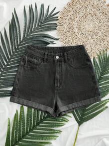SHEIN EZwear Quần short denim đa năng thường ngày có túi bo gấu dành cho nữ - màu đen - Xem 5
