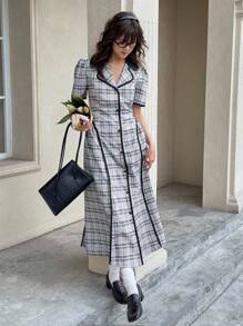 SHEIN 少女法式 A 字型喇叭长裙，夏季泡泡袖格子高腰复古风格 - 深灰色 - 查看 1