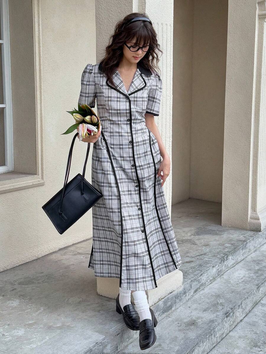 SHEIN 少女法式 A 字型喇叭长裙,夏季泡泡袖格子高腰复古风格 - 深灰色 - 查看 1