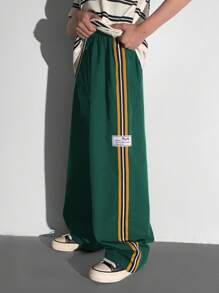 Tween Boys Casual Versatile Comfortable Colored Webbing Letter Woven Label Straight Loose Woven Plain Pants, Suitable For Commuting, School, Daily, Vacation, Sports, Spring/Summer/Fall/Winter