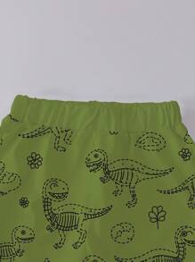 SHEIN Playful Pals 2pcs Young Boys Casual Adorable Cartoon Set, T-Shirt With Surfing Dinosaur & "LET'S ROAR" Print, Shorts Covered In Dinosaur Sketches, Short Sleeve T-Shirt And Shorts Set Suitable For Daily Play, Spring/Summer Casual Outfit - Multicolor - View 4