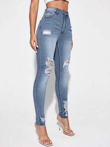 Stylish High Waist Light Wash Women's Skinny Jeans With Distressed Design And Comfortable Stretch - Light Wash - View 5