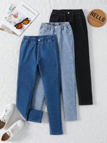 SHEIN 3件套TWEEN GIRLS牛仔裤，高弹柔软牛仔面料，3种颜色，腰部纽扣细节，休闲基本款，百搭版型，适合秋冬季，新款高性价比多件装牛仔裤 - 彩色 - 查看 6