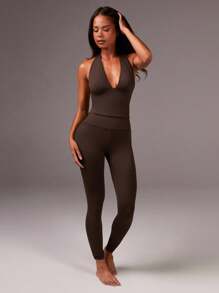 Athîral 女式纯色露背吊带上衣和运动裤套装 - 咖啡棕 - 查看 4