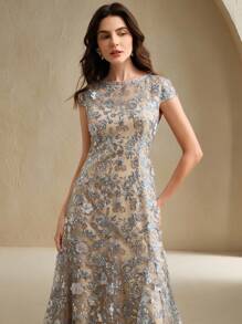 Anewsta 优雅香槟色花卉装饰网眼女士度假连衣裙，闪亮短袖派对/约会连衣裙，春夏装 - 銀色 - 查看 6