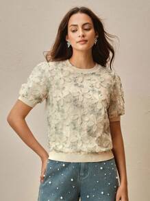 Anewsta Elegant Retro Chiffon Overlay Green Short Sleeve Slimming T-Shirt - Apricot - View 4