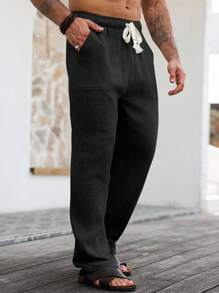 VENTUSAIL Men's Drawstring Waist Casual Pure Cotton Patch Pocket Loose Pants Men Pants Casual Linen Men Pants Men Summer Pants Men Loose Pants. Men Drawstring Waist Straight Leg Pants, Plain Vacation Slacks Pants, For Daddy & Husband, Boyfriend Gifts, Fall - Black - View 4