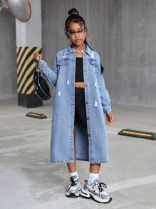 SHEIN Tween Girls 1pc Flap Pocket Casual Washed Ripped Button Front Long Sleeve Pocket Simple Daily Denim Long Coat, Fall Winter Kids Clothes,Hot Pinks Pants, Homecoming Pants, Baggy Jeans, Baggy Girl Jeans, Low Rise Jeans,Business Casual Style Girls Jeans,Fall Clothes Cargo Pants