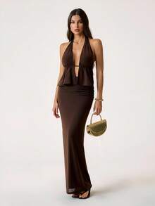 SHEIN Tall Women Elegant Plain Color Sexy Brown Halter Low Back Crop Top And Skirt Set,Elegant Outfits For Party,Wedding Guest Sets For Women,Party Outfit - Brown - View 2