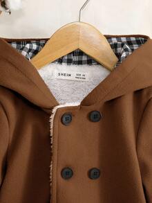 SHEIN 男童宽松连帽羊毛夹克双排扣秋冬女童衣服 - 棕色 - 查看 4