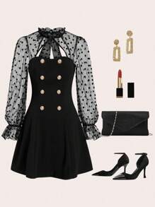 Gownix Women Black Polka Dot Autumn 70s Retro Vintage Elegant Party Dress,Contrast Color Mesh Bell-Sleeve Sheer Turtleneck Tie Front Homecoming Outfits - Black - View 1