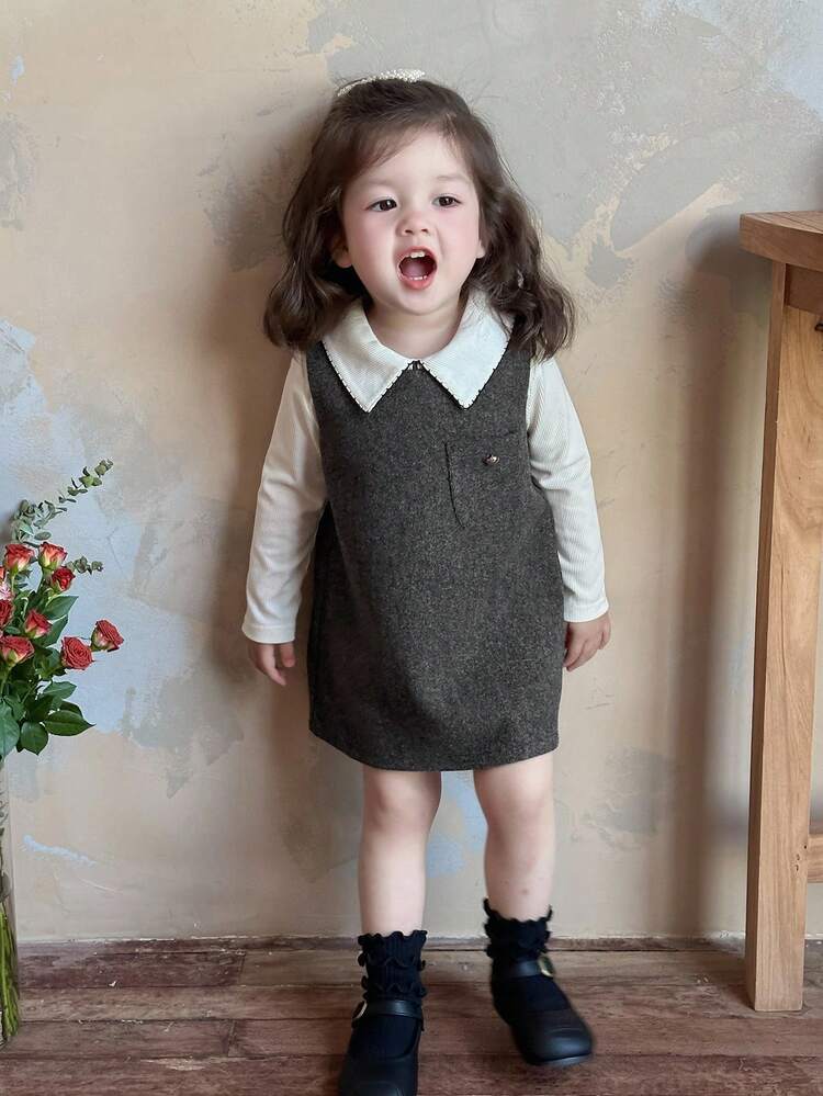 Toddler Girls' Korean Style Casual Round Neck Mid-Length Dress, Autumn/Winter