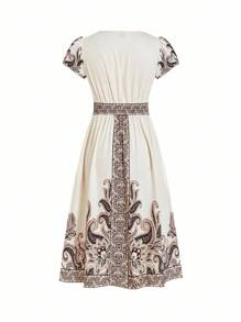 Ellevyn 女士优雅 V 领收腰修身喇叭中长连衣裙，花卉印花，秋季时尚新品，适合日常通勤和多种场合 - 彩色 - 查看 7