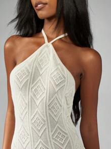 MISSGUIDED Crochet Knit Diamond Pattern Halter Neck Maxi Dress Summer Wedding Guest Boho Long Elegant Beach Formal Evening Gown Dress Vacation Party - Apricot - View 5
