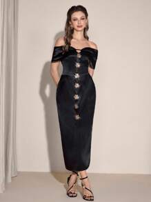 Poshira Women's Elegant Metal Decor Off Shoulder Midi Dress, Party Attire Black Midi Dress Satin Midi Dress Corset Midi Dress Off The Shoulder Midi Dress Black Satin Dress,Women Stylish Casual Fall Autumn Outfits, Cute Vintage Modest Women Outfits, Back To School School Outfits, Back To School Dresses, Women Teacher Outfits - Black - View 4