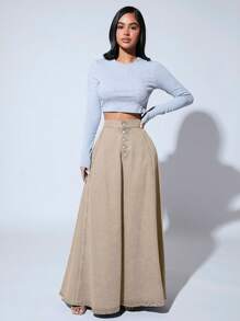SHEIN SXY Solid Color Front Button Closure Elegant Work Wear Long Denim A-Line Skirt - Apricot - View 5