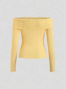 SHEIN Unity 休闲百搭纯色露肩修身毛衣针织套头衫秋冬 - 黃色 - 查看 3
