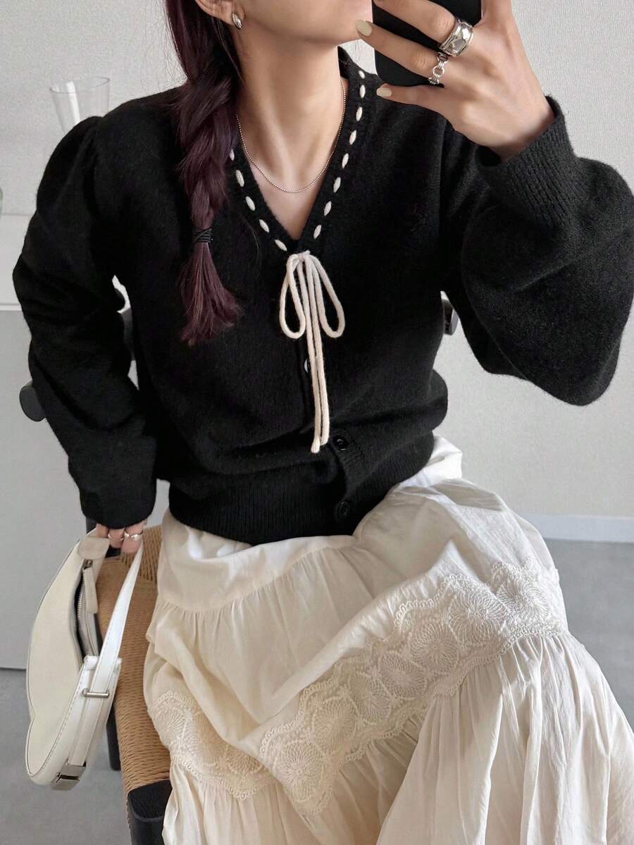 FRIFUL 女士蝴蝶结领饰抽绳开襟贝壳纽扣装饰宽松休闲毛衣,秋季 - 黑色 - 查看 1