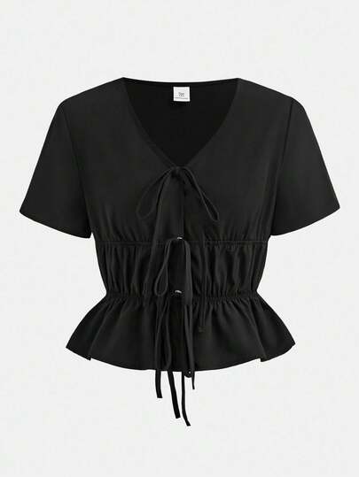 Girlism Teen Girls Black Tie Front Short Sleeve Cutout Retro Pirate Hippie Blouse, Suitable For Spring/Summer