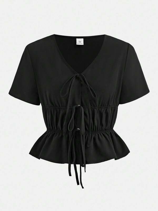 Girlism 少女黑色领带前短袖镂空复古海盗嬉皮衬衫，适合春夏季