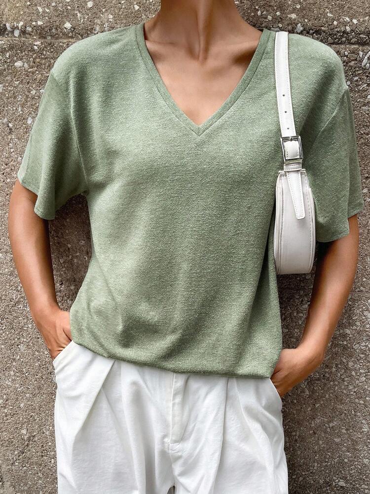 Women's V-Neck Plain Casual City Short Sleeve T-Shirt, Summer,Teacher