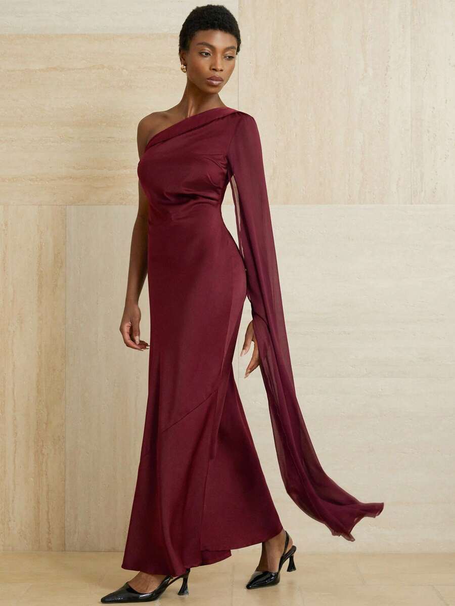 Aveloria Modichic 1pc Elegant Satin Dress With Thigh-High Slit, Long Sleeve Evening Gown Fall Cloth For Women - Red Violet - View 1