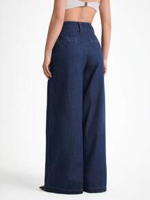 Daynim 女士休闲通勤阔腿牛仔裤 阔腿牛仔裤 喇叭牛仔裤 女士牛仔裤 喇叭裤 牛仔裤 高腰牛仔裤 - 深色水洗藍 - 查看 2