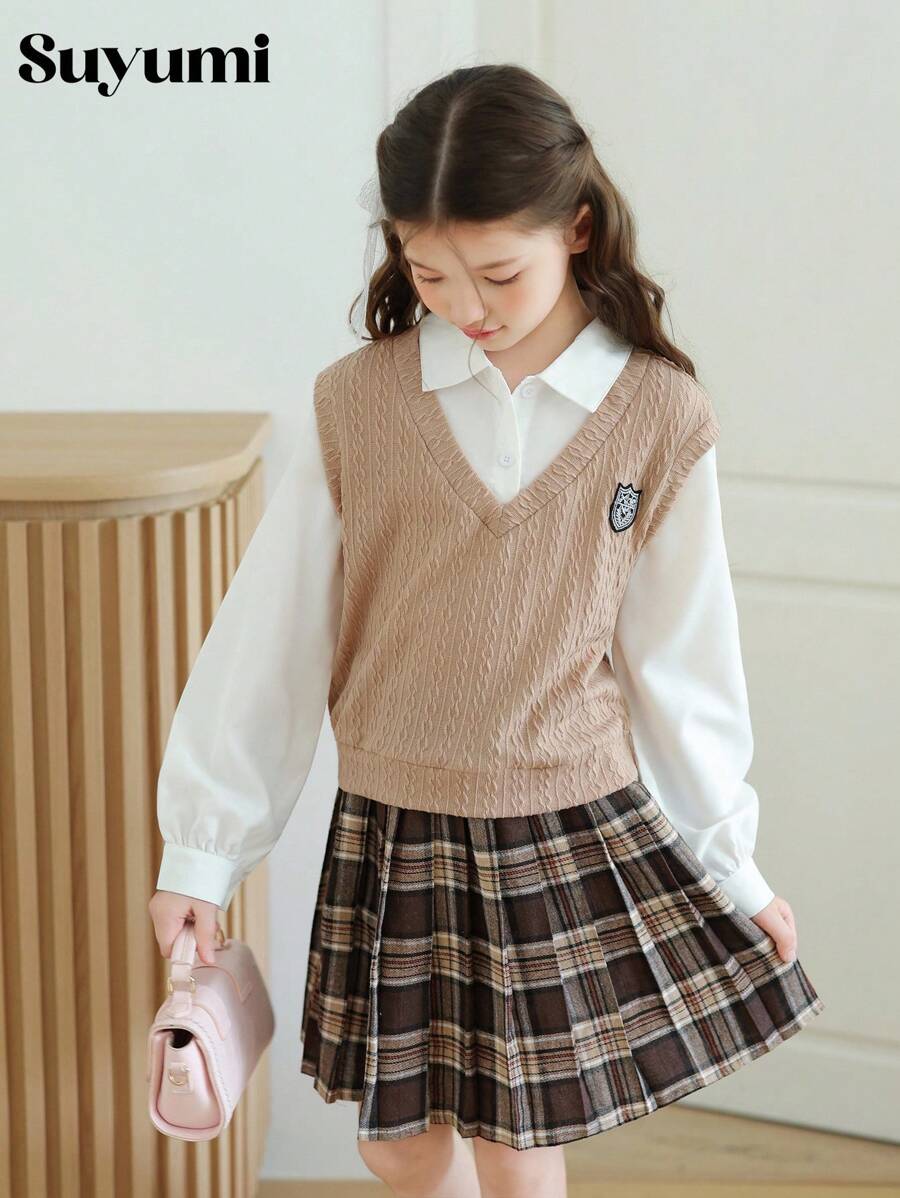 2pcs/Set Teenage Girls Back To School Outfit, Collegiate Inspired 2 In 1 Top Paired With Fashionable Plaid Pleated Skirt, Collared And V-Neck Blouse With Decorative Embroidery Patches, Suitable For School, Daily Wear, Formal Occasions Fall Winter