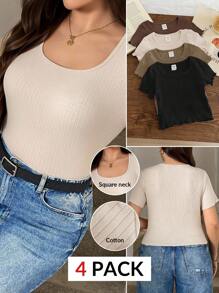 SHEIN LUNE 加大码方领短袖修身休闲 T 恤上衣，多色 4 件套，易于搭配女士教师乡村音乐会学校纯色、办公室警笛风格、日常穿着、通勤、极简主义、日常穿着、通勤极简主义办公室老款上衣 - 彩色 - 查看 2