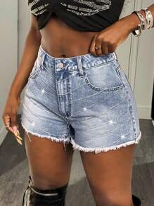 BamGleam Women's Casual Fashion Denim Shorts With Pockets And Rhinestone Embellishment - Blue - View 3