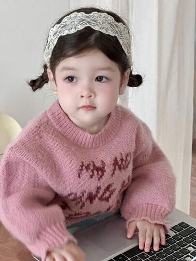 DAZY Baby Girl Casual Slogan Graphic Oversized Loose Pullover Sweater, Autumn/Winter