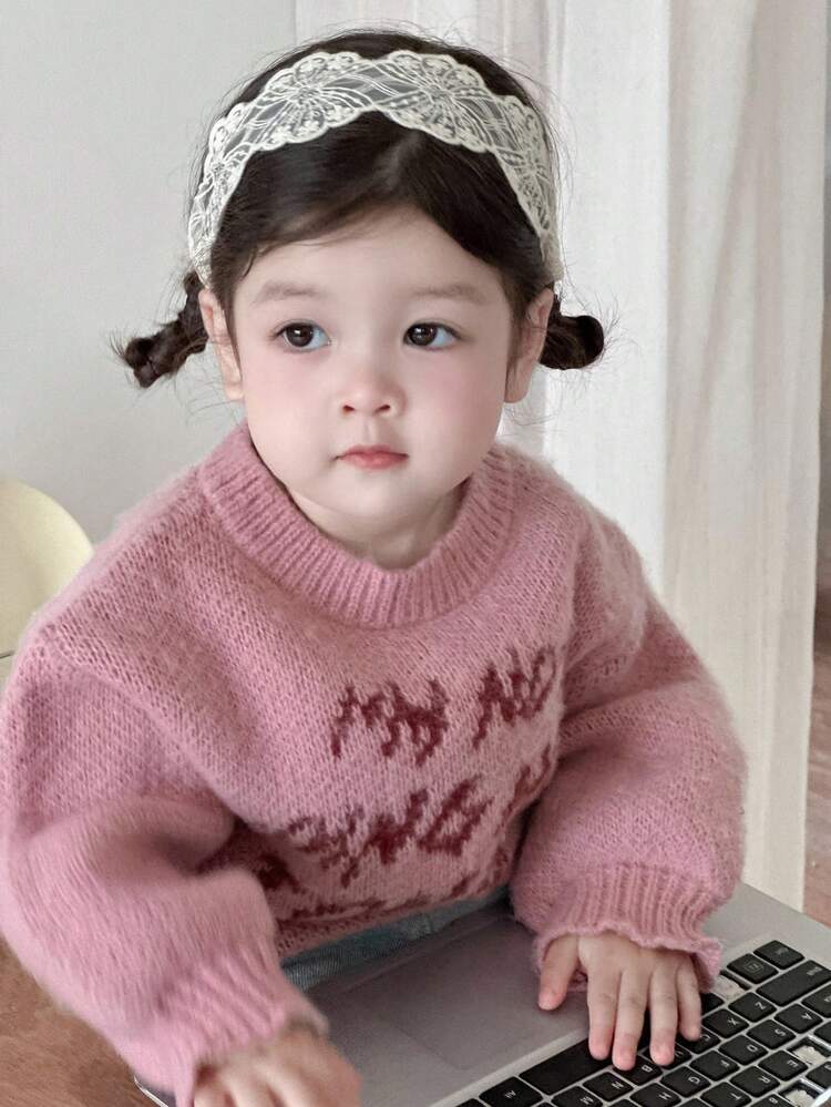 Baby Girl Casual Slogan Graphic Oversized Loose Pullover Sweater, Autumn/Winter Toddler Girls Clothes