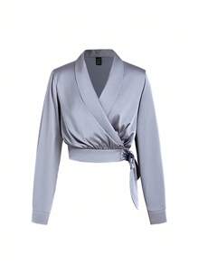 Ellevyn 女士优雅缎面系带裹身长袖衬衫，适合通勤、户外等多种场合，秋季新款返校女教师机场女装复古 - 藍色 - 查看 3