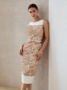 MOTF PREMIUM GUIPURE LACE ZIPPER BACK SPLIT HEM SLIM FIT DRESS WITHOUT BELT - Khaki - View 5