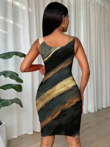 Glamine 扎染褶皱修身无袖紧身连衣裙，适合新年服装 - 軍綠色 - 查看 2