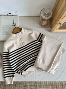 SHEIN LMoss Kids 2 Pieces Set For Young Boys And Young Girls, Casual Sportswear, Gentleman College, Japanese And Korean Basic Style, Simple Stand-Up Collar, Half-Open Cardigan, Black And White Striped Sweater, White Woolen Pants Suit Boys Clothes Boys Outfit Sets Back To School Clothes,In Fall/Winter