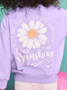 SHEIN 年轻女孩休闲简约舒适花卉图案圆领套头衫，长袖 - 紫色 - 查看 4